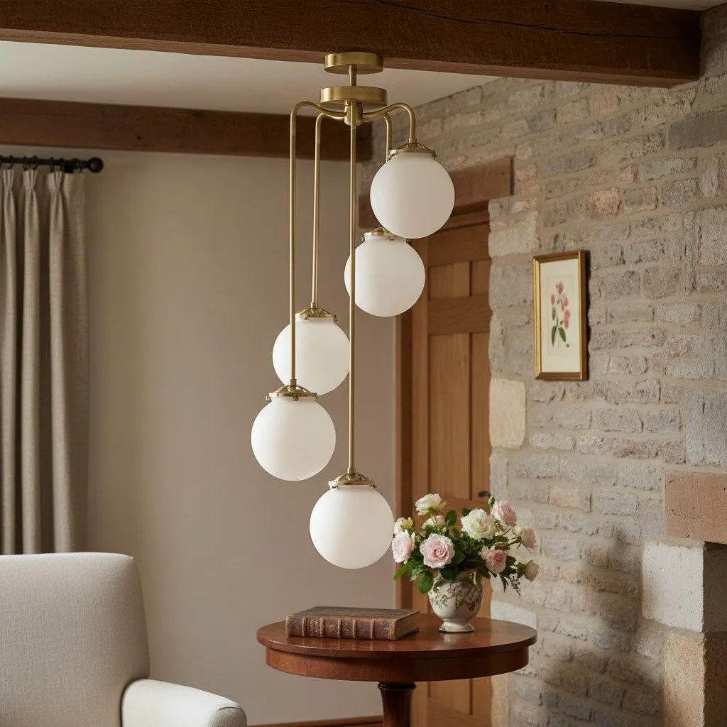 Glorica Glass 5 Globe Chandelier - Brass and Opal Glass Vintage Pendant Light KL1428