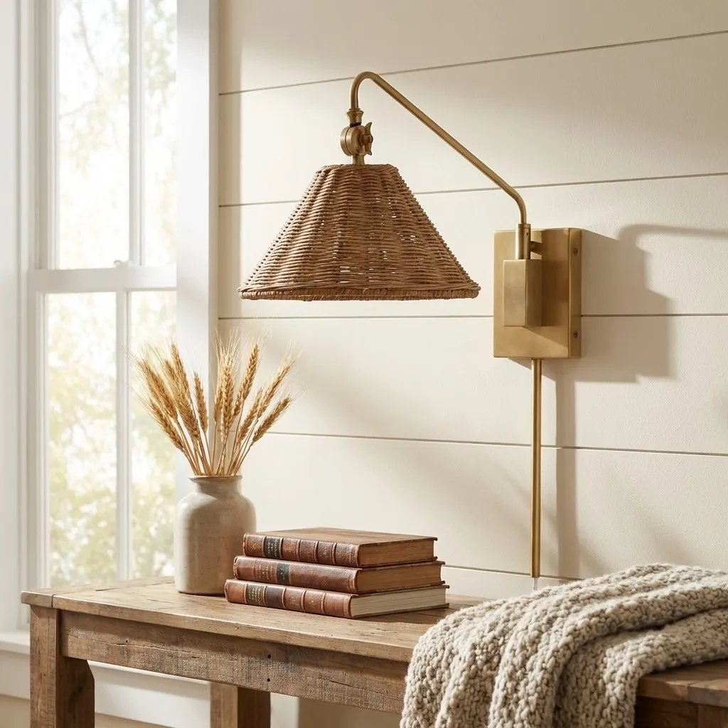 Welanery Swing Arm Rattan Wall Sconce - Farmhouse Style Lamp for Bedside Reading KL2372