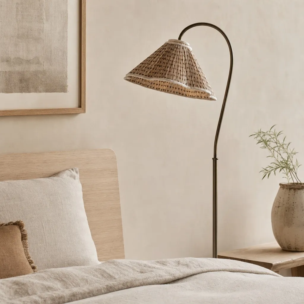 Veslin Elegant Floral Gooseneck Floor Lamp - Floral Linen Shade Lamp for Living Room A14