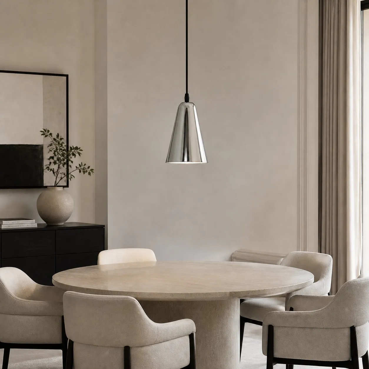 Tapered chrome pendant light above a contemporary dining table