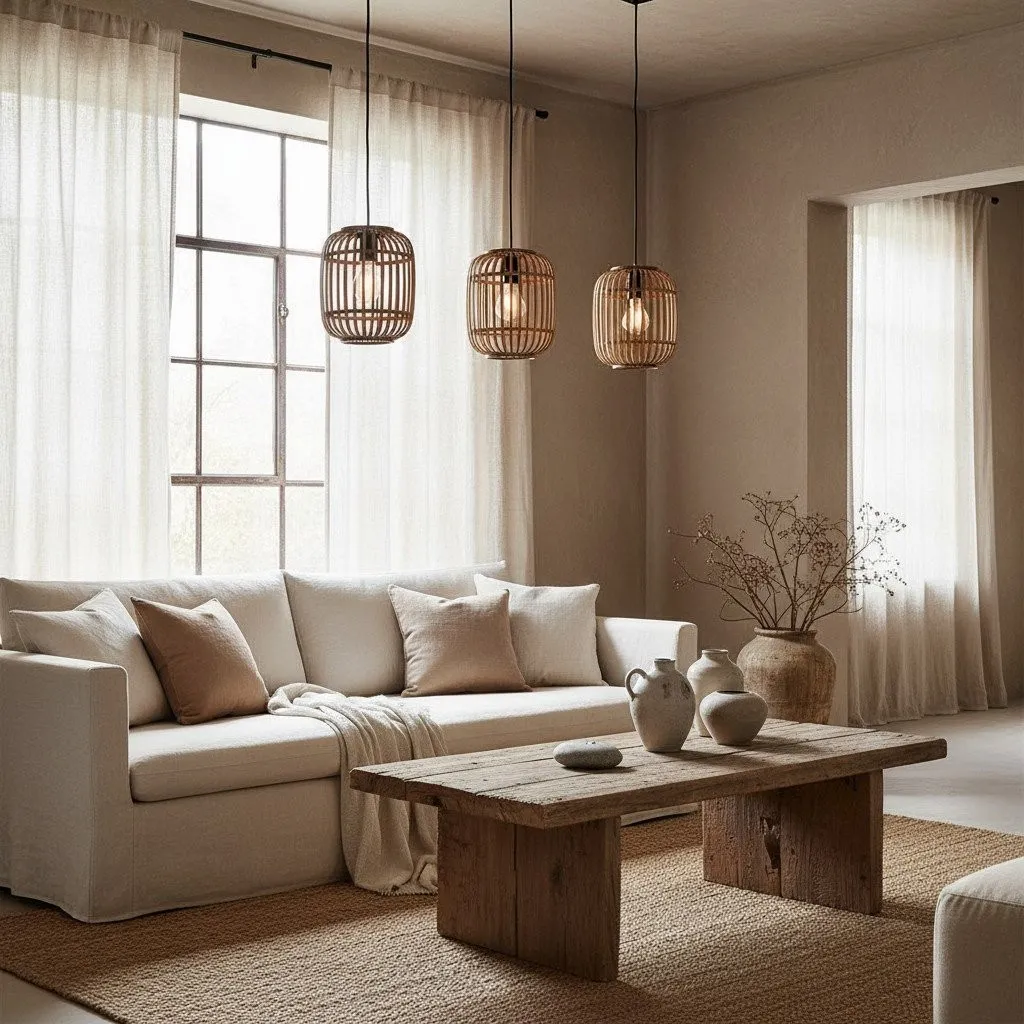 Yumeko Adjustable Bamboo Pendant Lamp - Natural Cage Pendant Light Perfect for Living & Dining Rooms KL1954