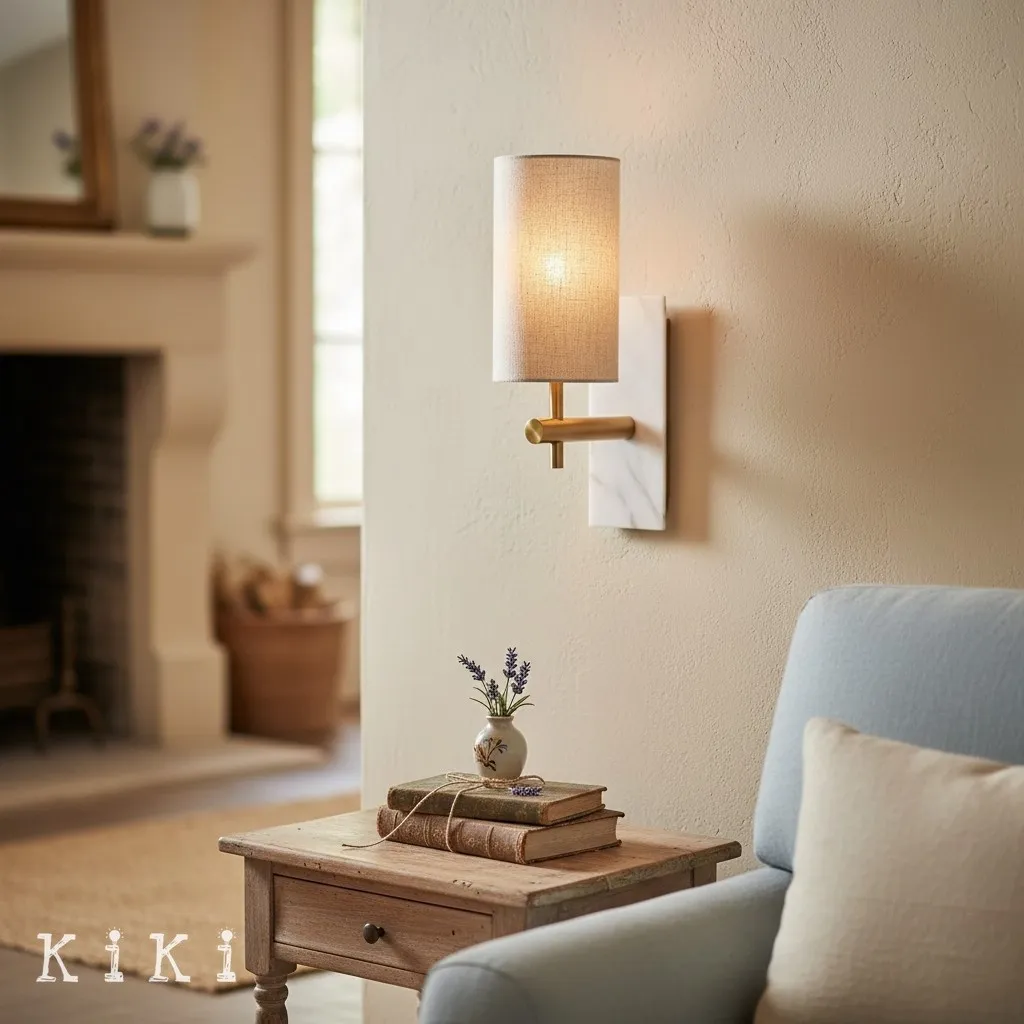 Linemora Marble and Brass Wall Sconce - Elegant Linen Shade Lighting for Bedroom and Hallway KL1587
