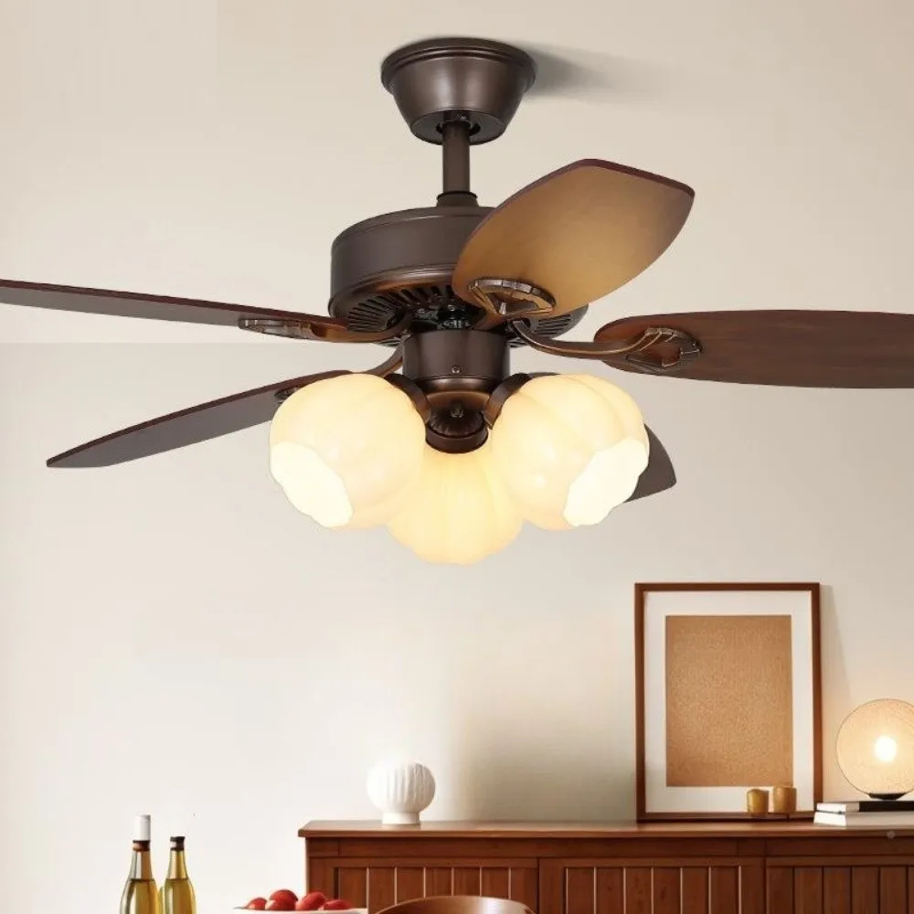 Vintage Wooden 5 Blade Ceiling Fan With White Glass Ball Lampshade KL949