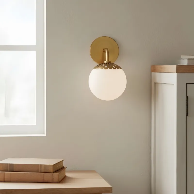 Vinbrea Glass Globe Wall Lamp - Minimal Curved Arm Light for Living Room KL2370