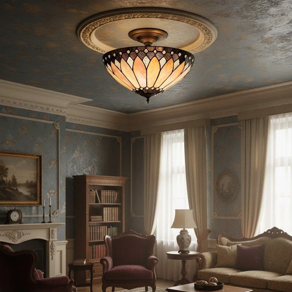 TF Brooklyn Tiffany Semi-flush Ceiling Light - Geometric Glass Shade for Hallways or Living Rooms KL2000