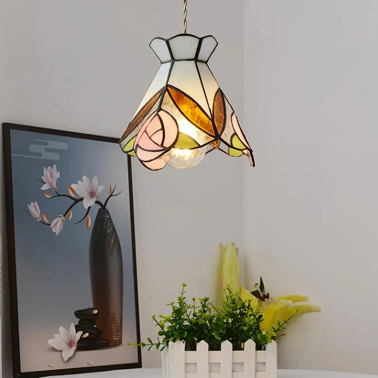 French Retro Rose Stained Glass Pendant Lamp KL690