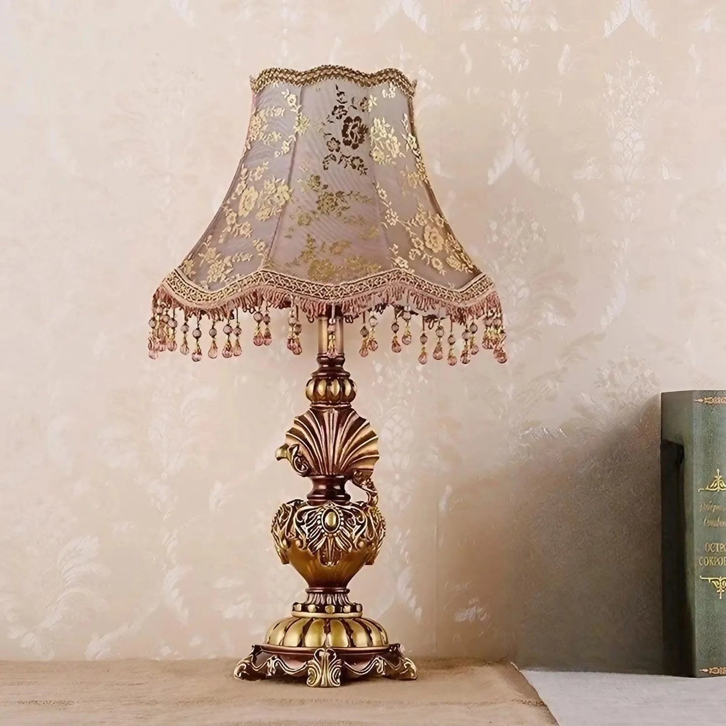 Pastoral Flower Lampshade Carved Table Lamp KL705