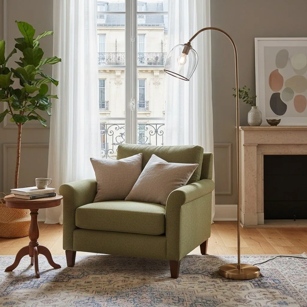 Brazara Adjustable Glass Shade Floor Lamp - Curved Metal Stem for Living Spaces KL1848