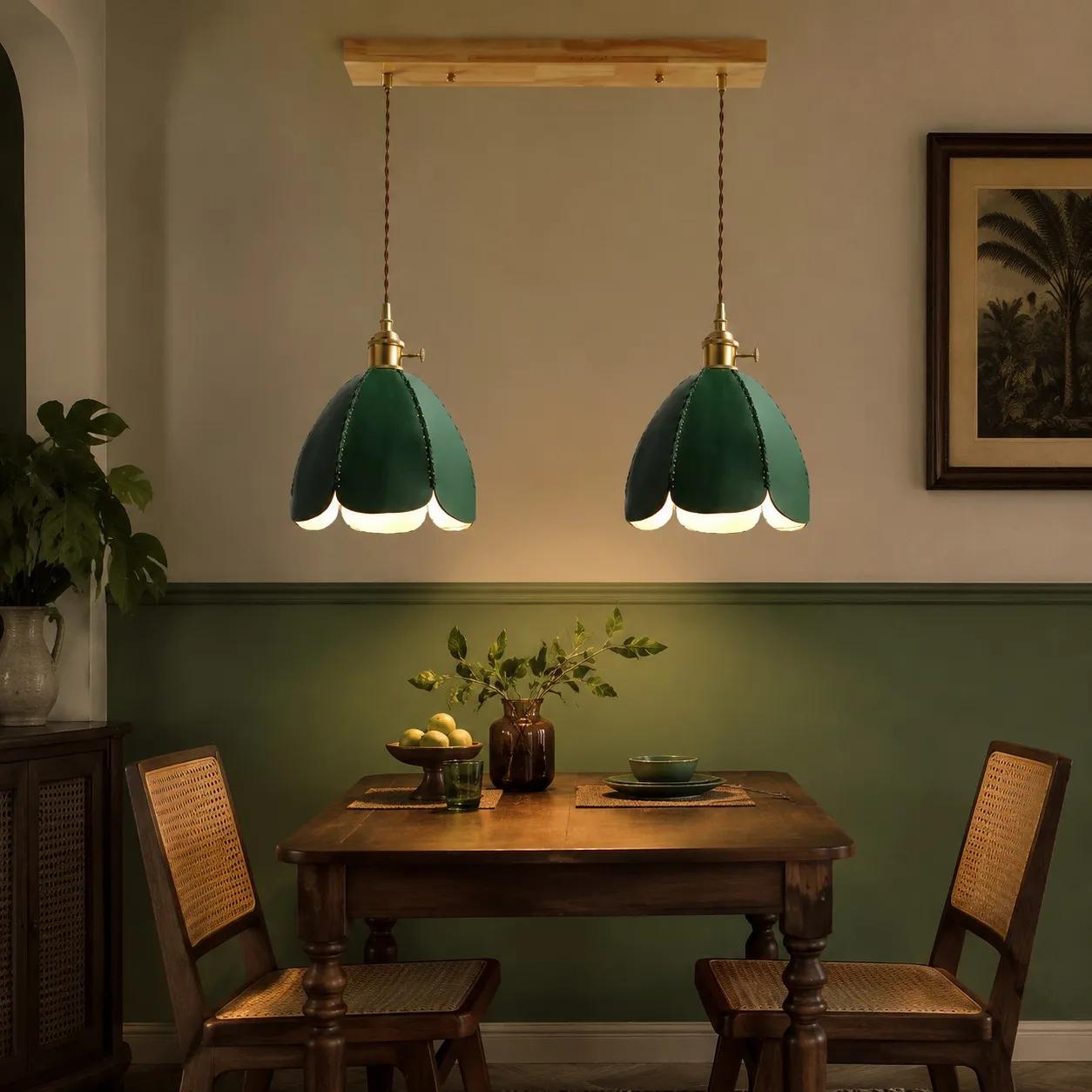 Green linear leather pendant light over a dining table