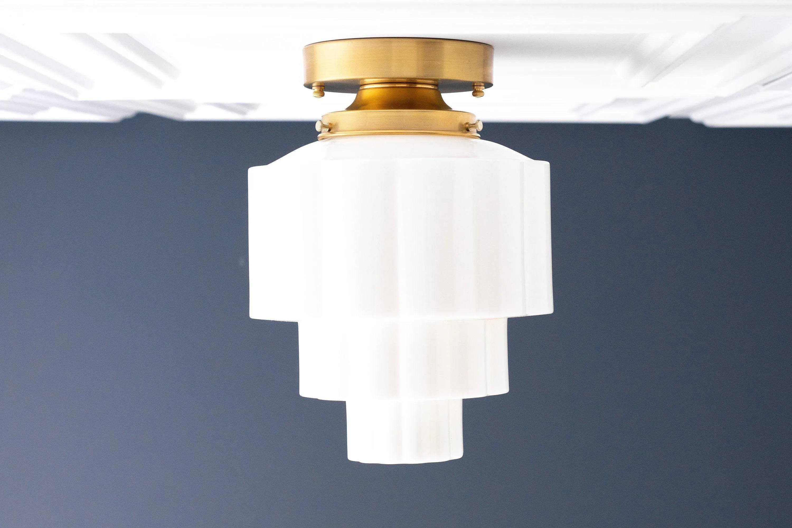 Geotower Glass Brass Ceiling Light – Art Deco Ribbed Globe Flush Mount KL1507