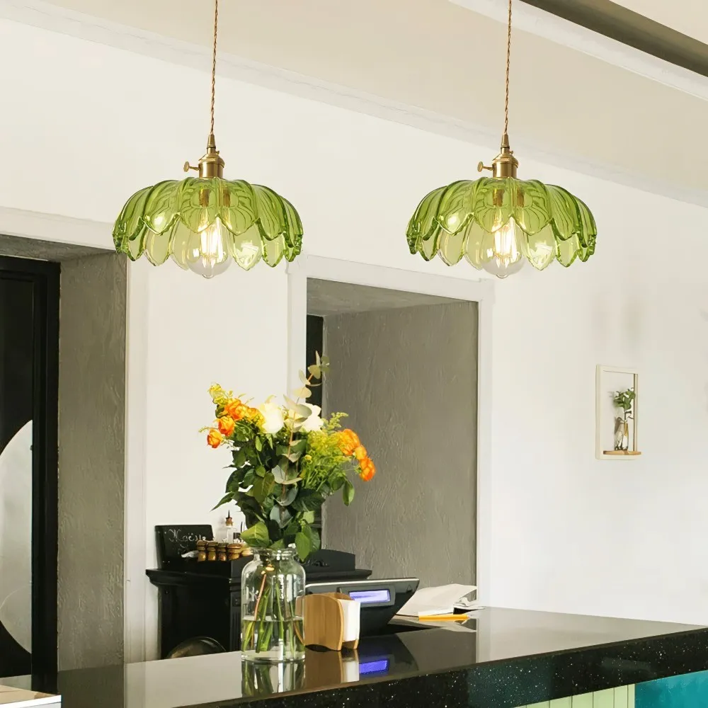 Antique Flower Petal Brass Glass Pendant Light KL50