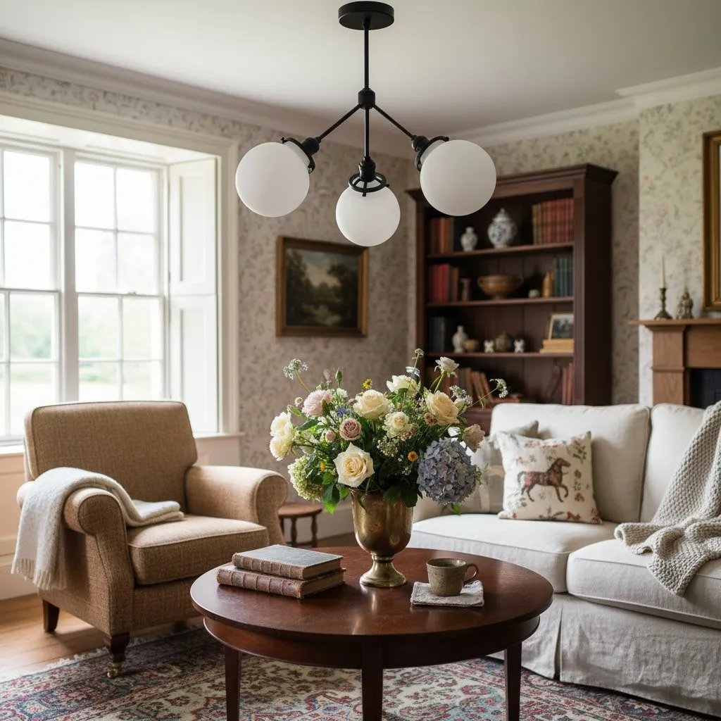 Glorica Glass Chandelier - Brass Globe Ceiling Light with Opal Shade KL1441
