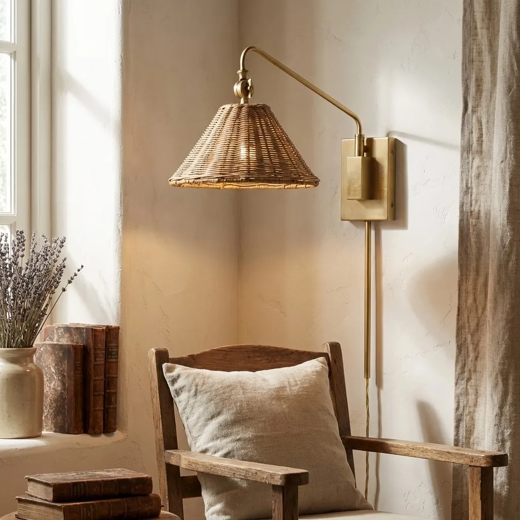 Welanery Swing Arm Rattan Wall Sconce - Farmhouse Style Lamp for Bedside Reading KL2372