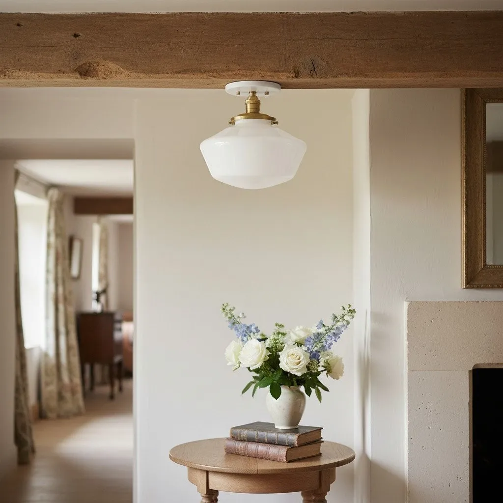 Geotower Glass Brass Ceiling Light - Opal Glass Schoolhouse Shade - Modern Elegance KL1508