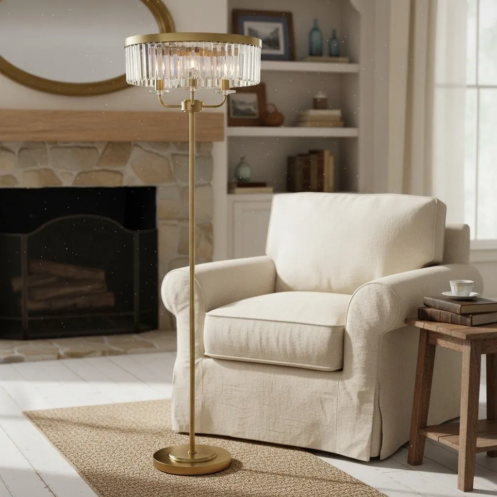 Beveline 3 Light Round Floor Lamp - Faceted Cut Glass Shades Classic Metal Finish For Living Rooms KL1828