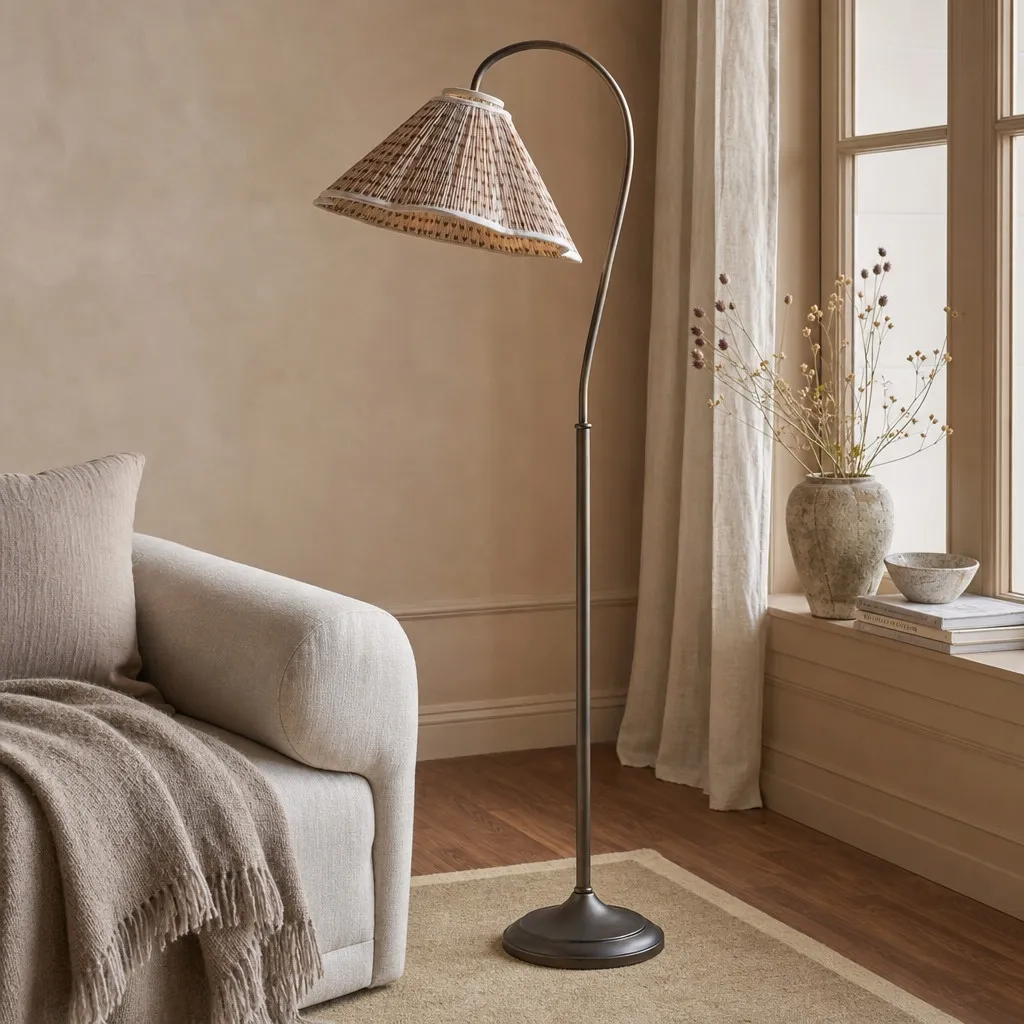 Veslin Elegant Floral Gooseneck Floor Lamp - Floral Linen Shade Lamp for Living Room A14