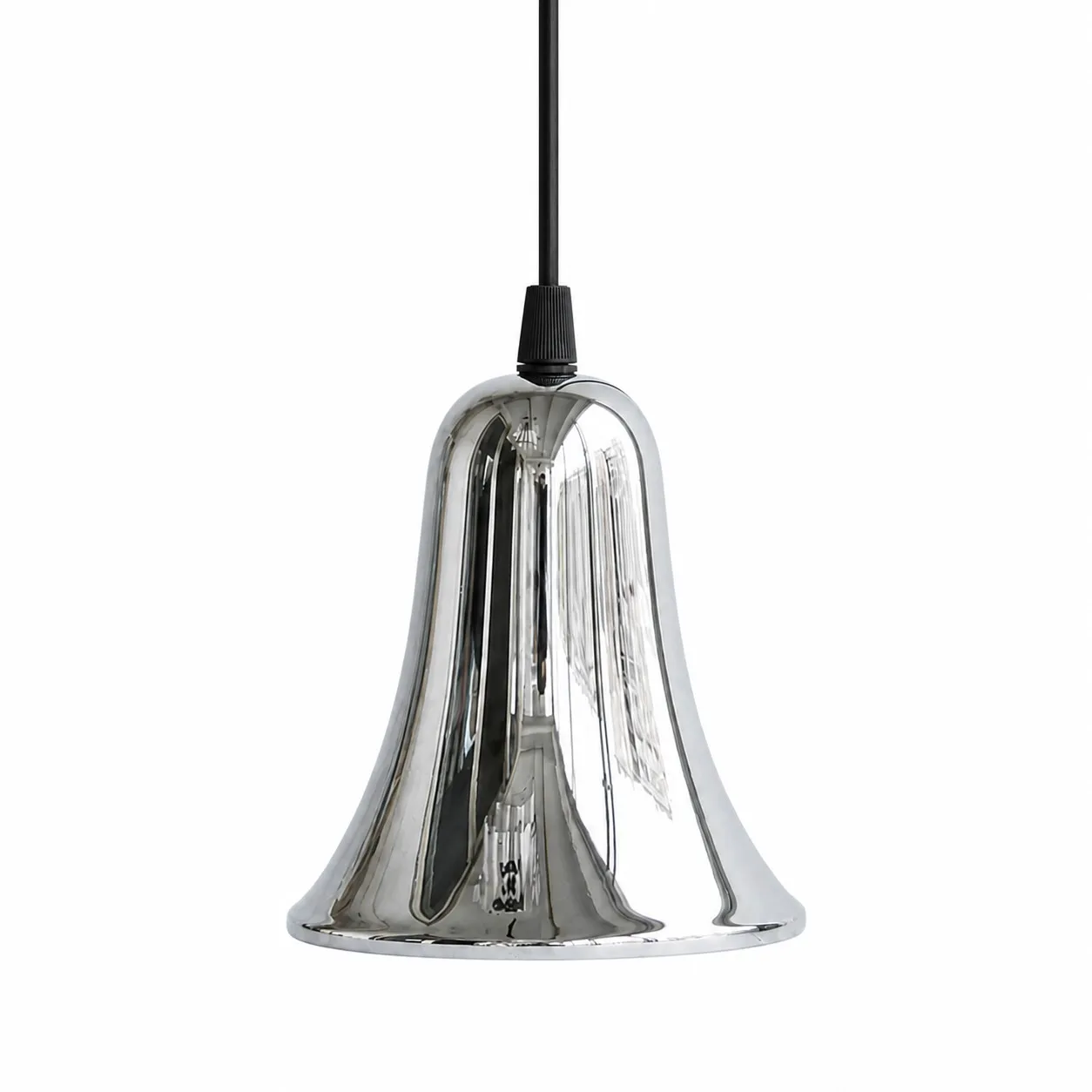 Bell-shaped chrome brass mini pendant light on a white background