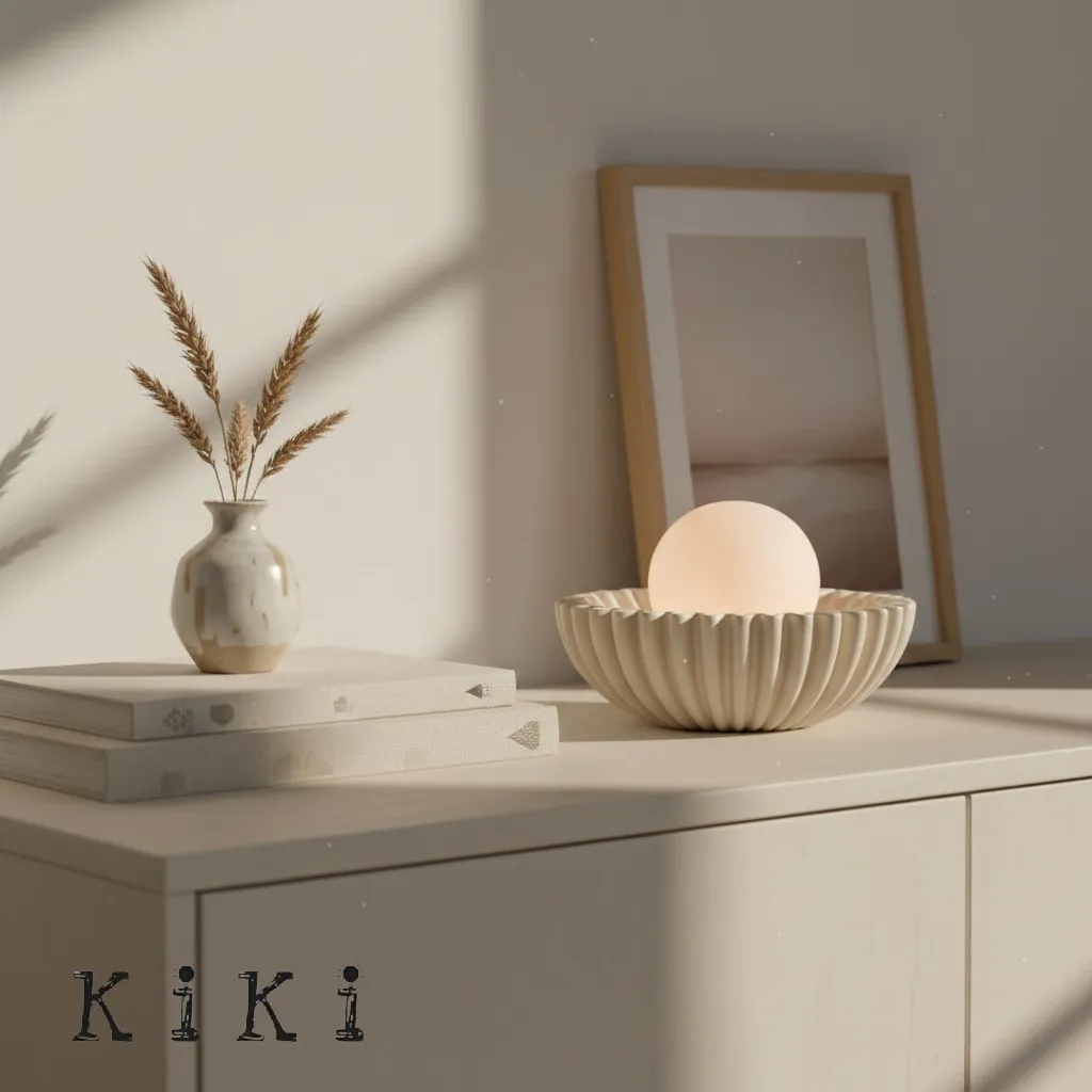 Sculptural Ceramic Table Lamp – Ceramic Shell Form with Milky Glass Orb KL1595