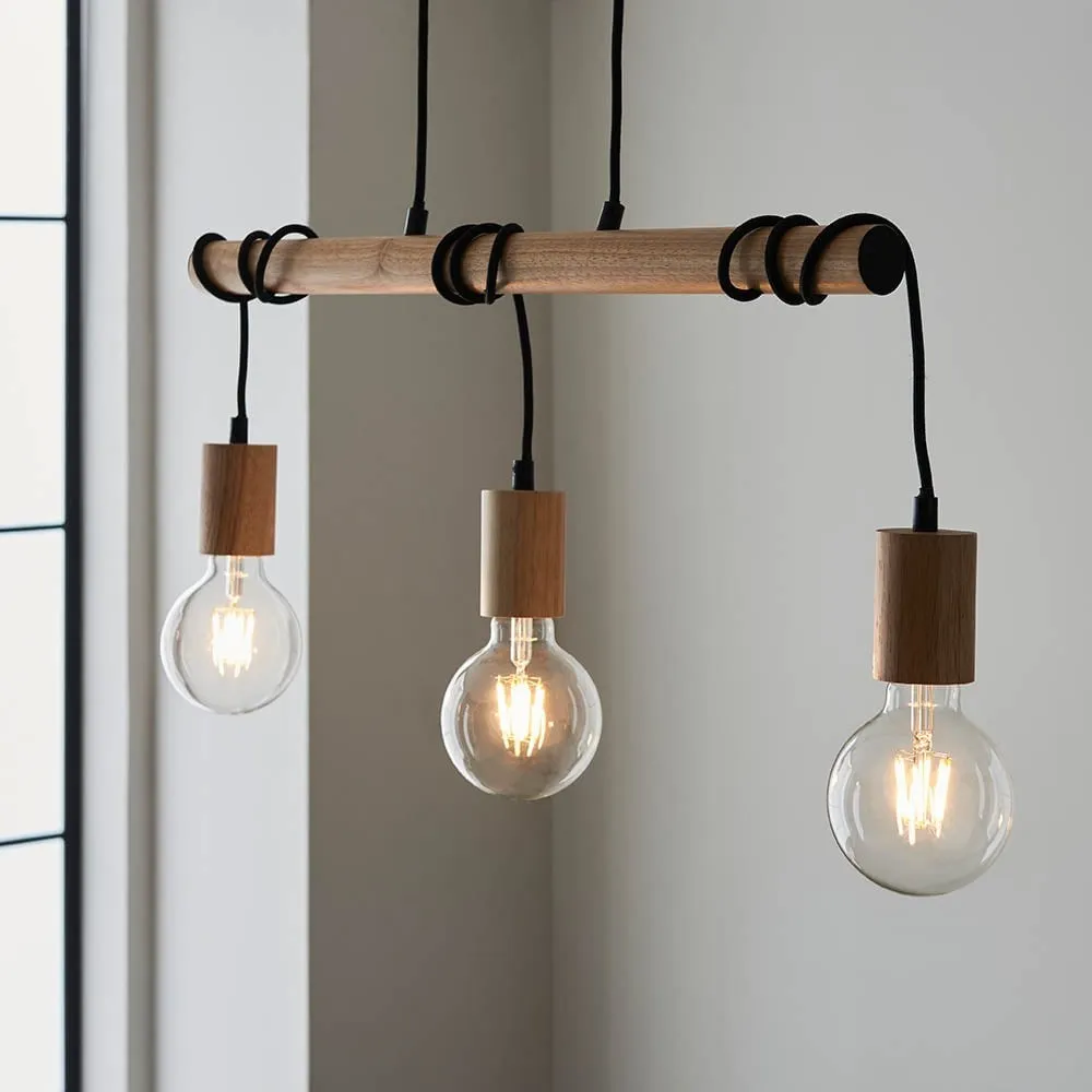 Virell Adjustable Linear Pendant Light - 3‑Bulb Wooden and Metal Design for Kitchen Island or Office KL1821
