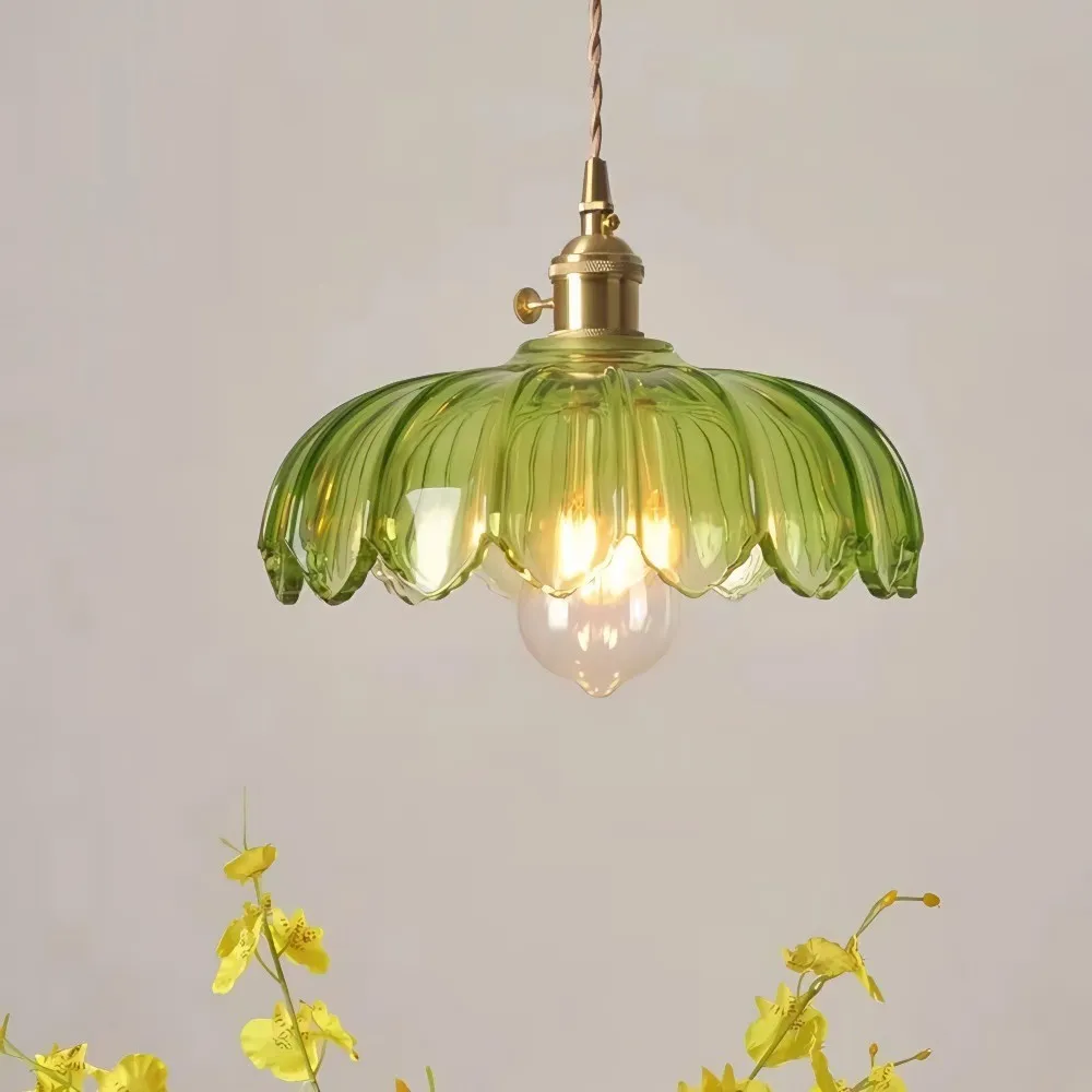 Antique Flower Petal Brass Glass Pendant Light KL50