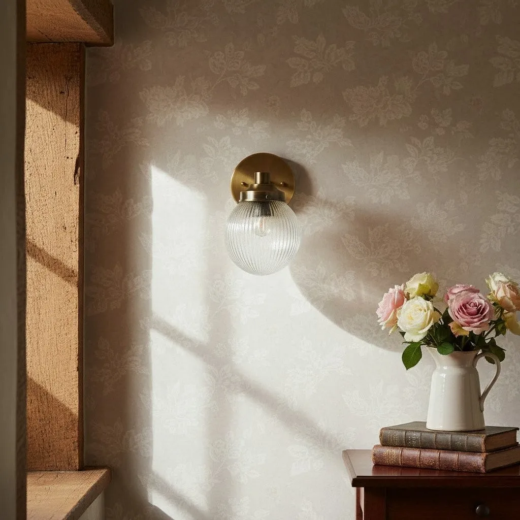 Glorica Glass Aged Brass Wall Sconce - Ribbed Glass Shade Industrial Style Lighting KL1518