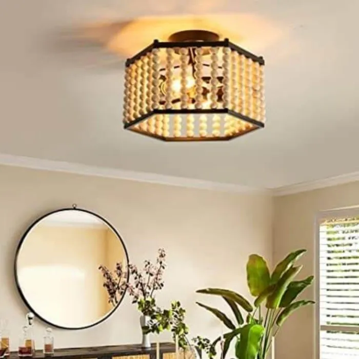 Rustic Hexagonal Wood Bead Ceiling Light KL92