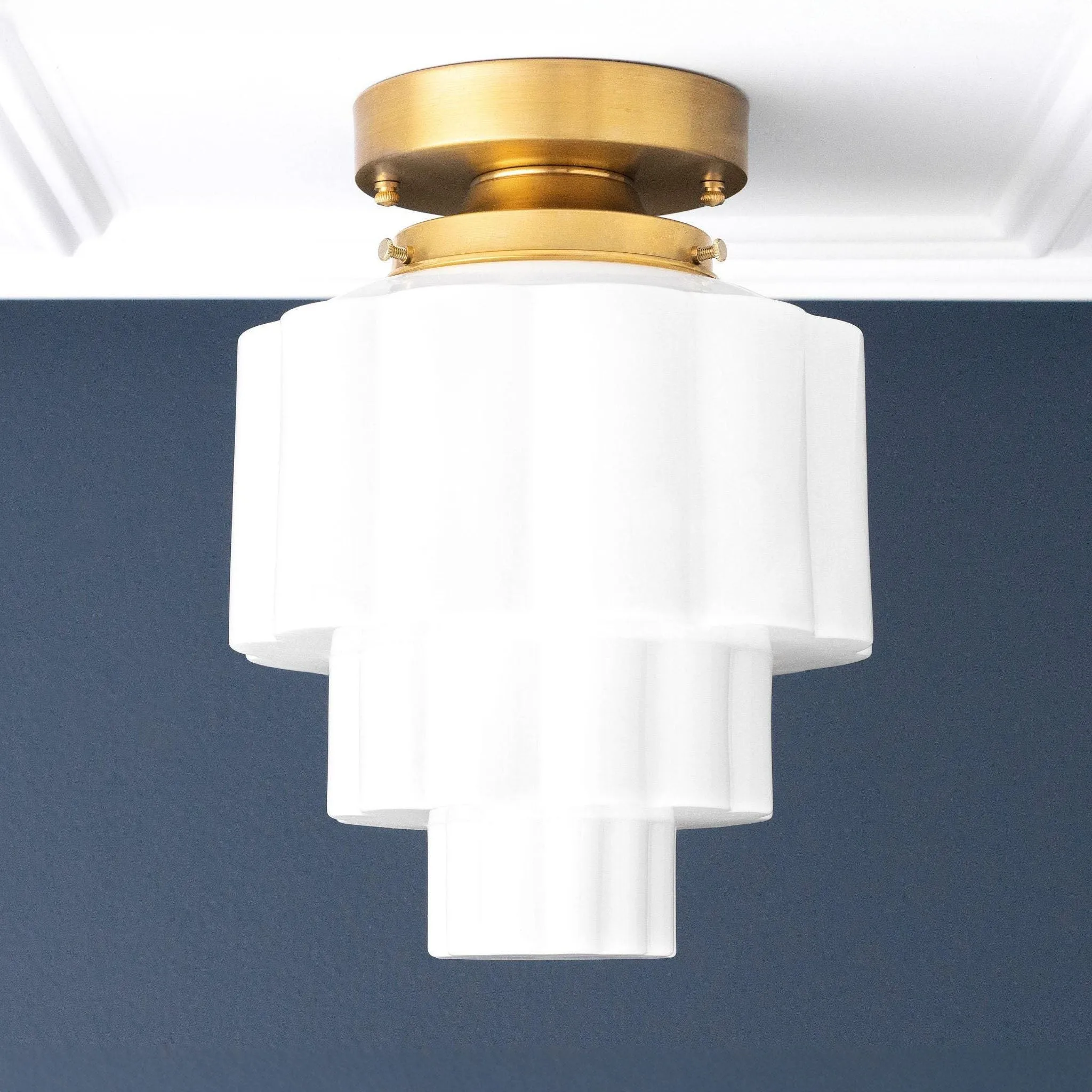 Geotower Glass Brass Ceiling Light – Art Deco Ribbed Globe Flush Mount KL1507
