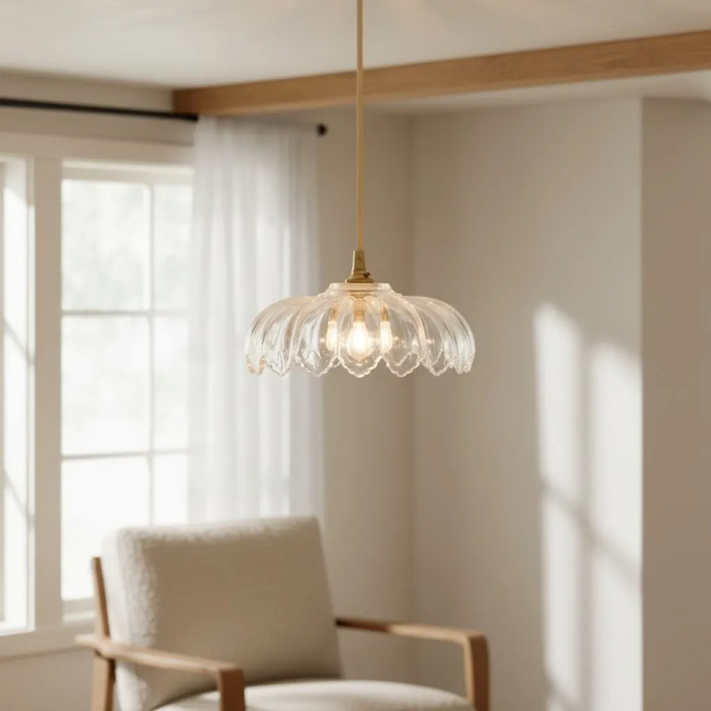 Floriaxis Floral Glass Pendant Light - Floral Glass Shade with Braided Cable for Kitchen or Dining KL1912
