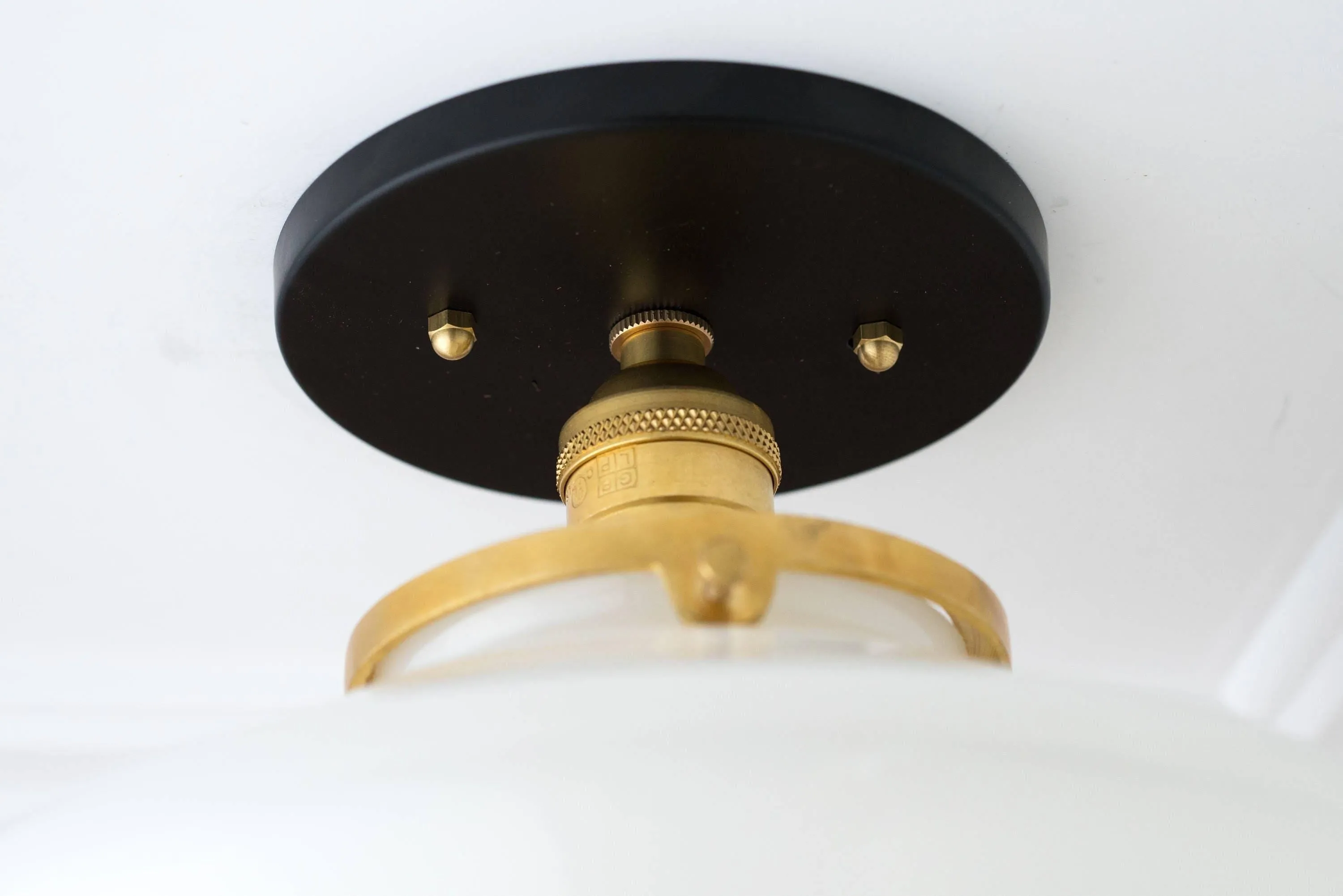 Geotower Glass Brass Ceiling Light - Opal Glass Schoolhouse Shade - Modern Elegance KL1508