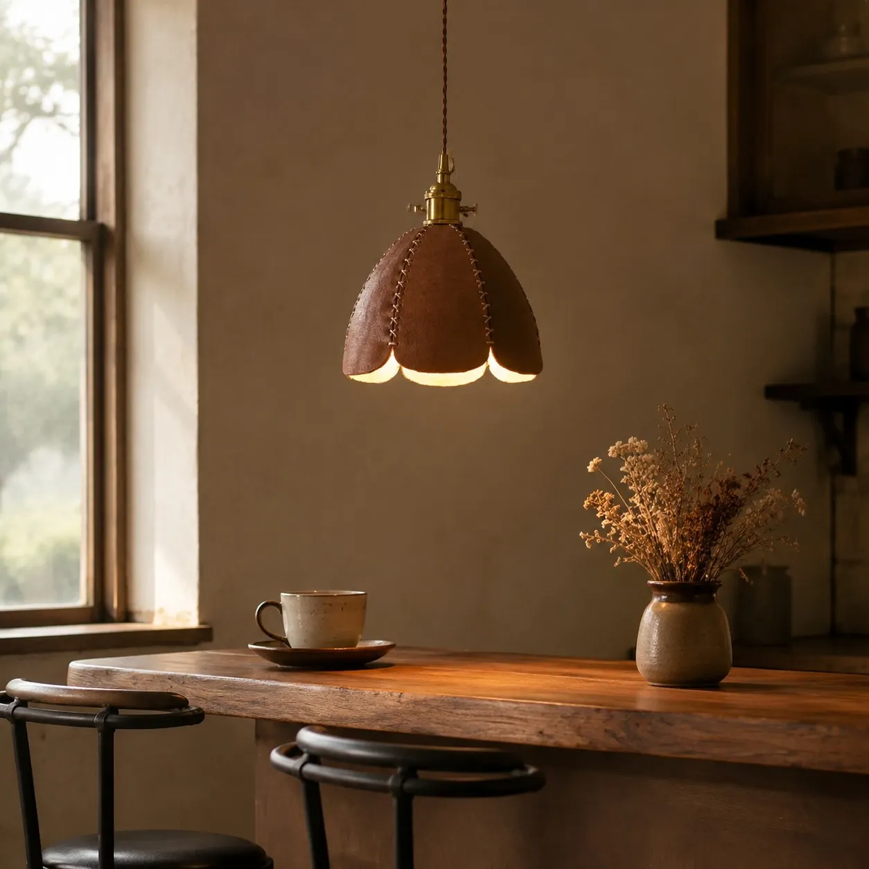 Brown leather petal pendant light above a warm desk corner