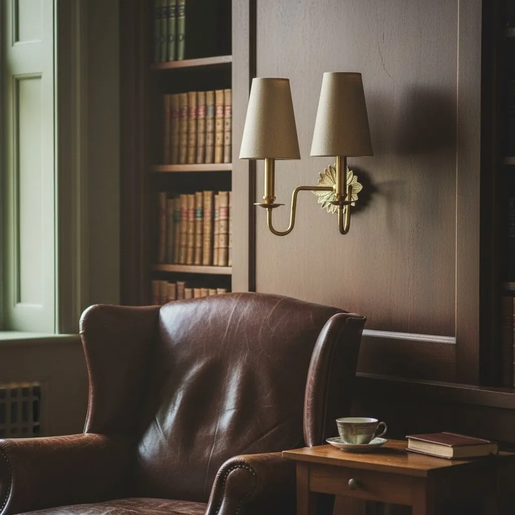 Duova Double Sconce - Antique Brass Metal and Linen Shades for Bedroom or Study KL1647