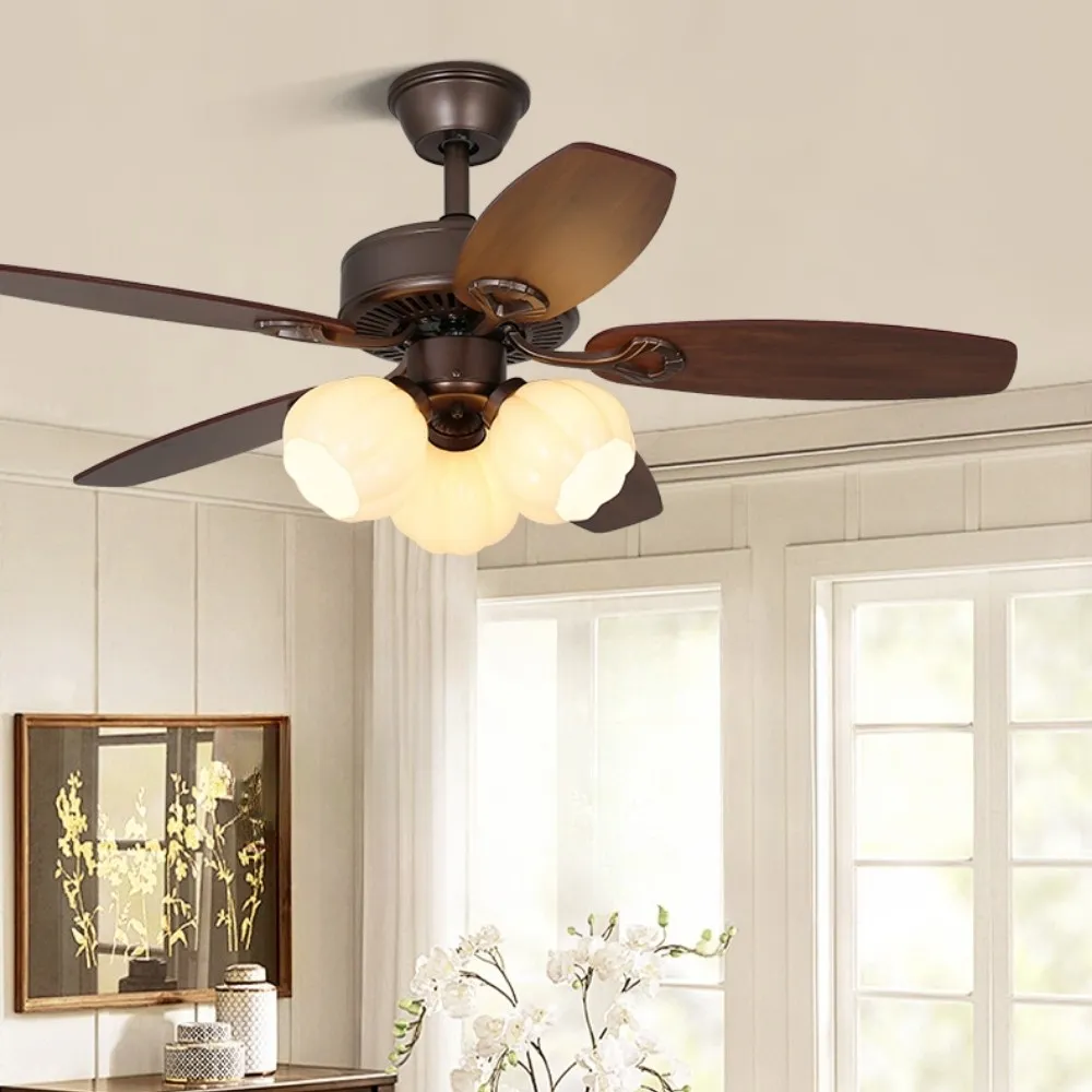 Vintage Wooden 5 Blade Ceiling Fan With White Glass Ball Lampshade KL949