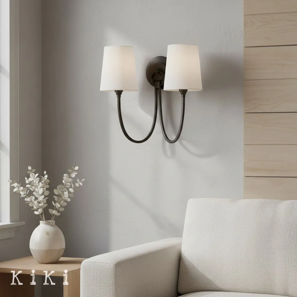 Roven Linen Shade Double Wall Lamp - Classic Metal Wall Light for Vanity and Hallway KL1683