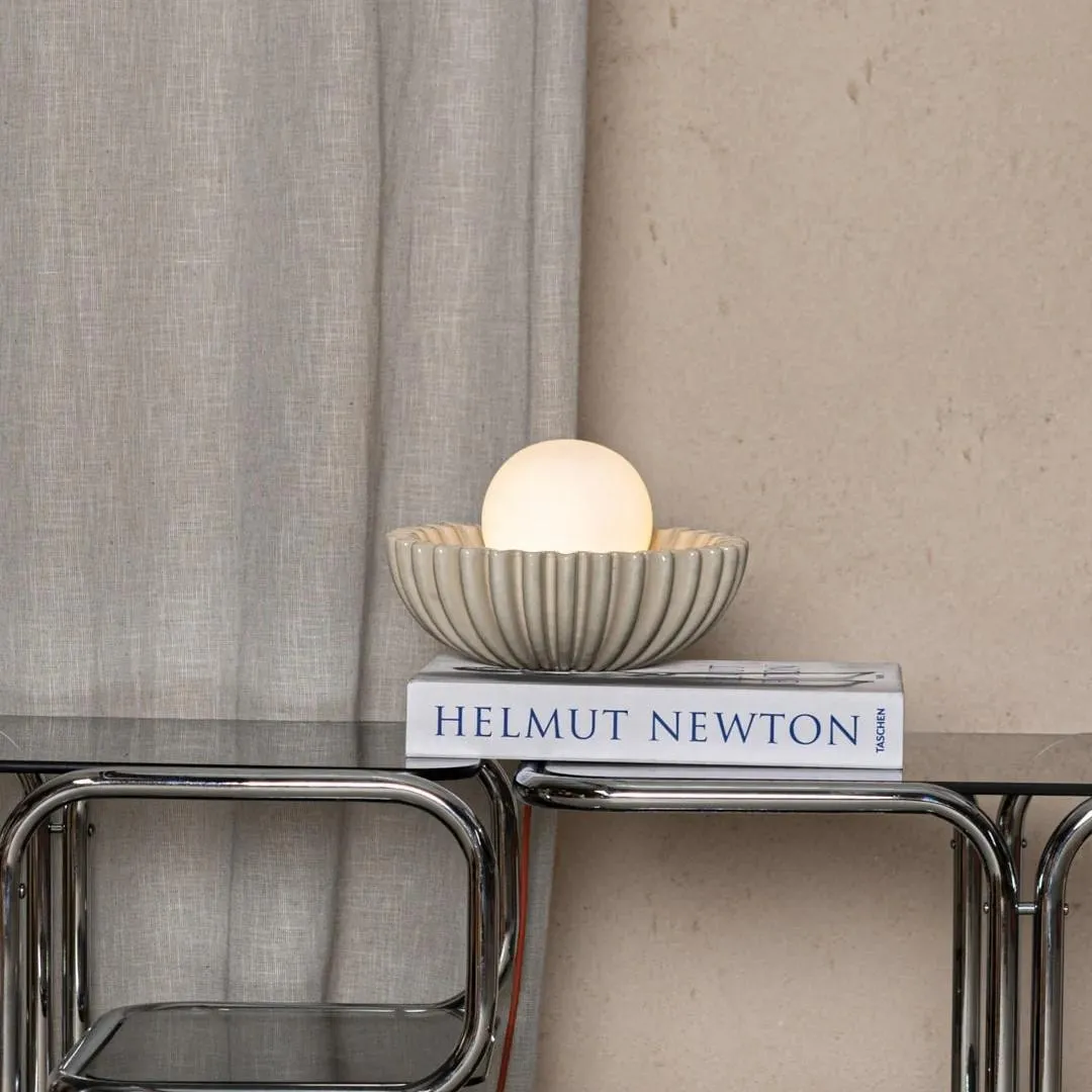 Sculptural Ceramic Table Lamp – Ceramic Shell Form with Milky Glass Orb KL1595