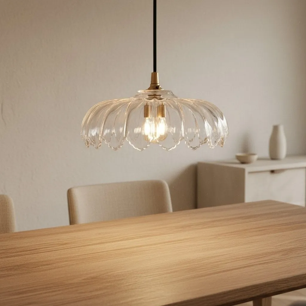 Floriaxis Floral Glass Pendant Light - Floral Glass Shade with Braided Cable for Kitchen or Dining KL1912