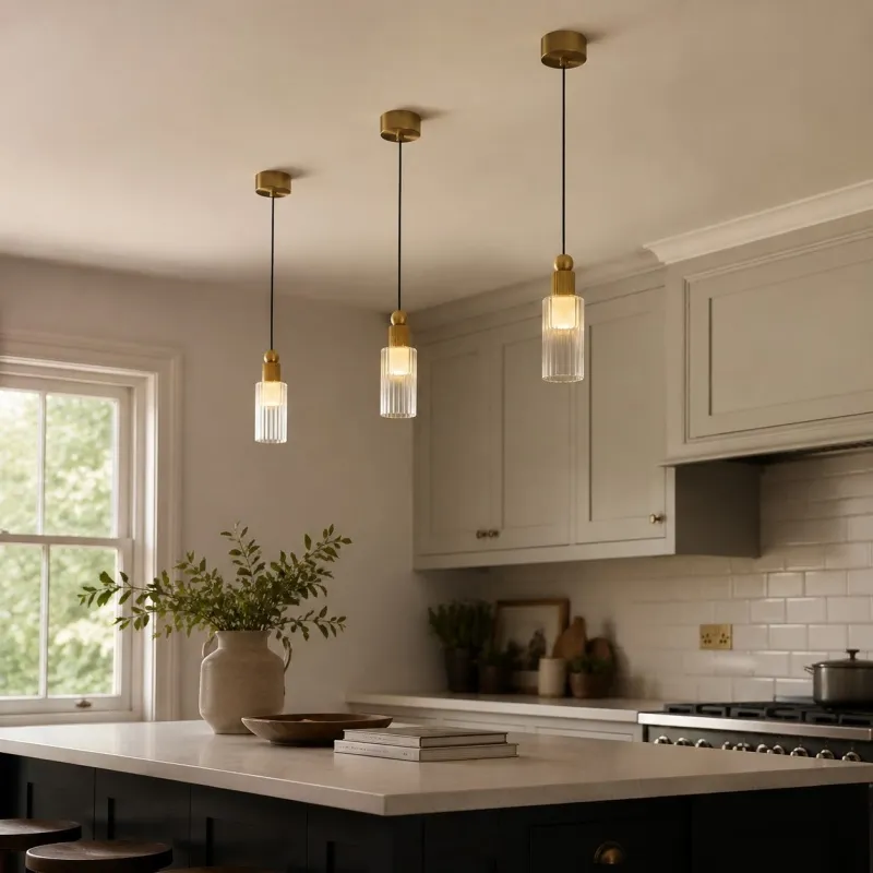 Natural copper mini pendant lights over a kitchen island