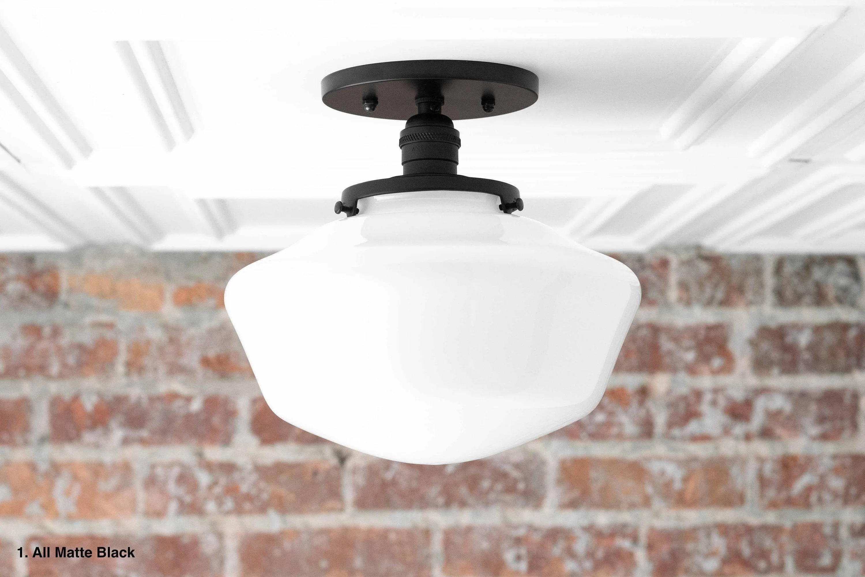 Geotower Glass Brass Ceiling Light - Opal Glass Schoolhouse Shade - Modern Elegance KL1508