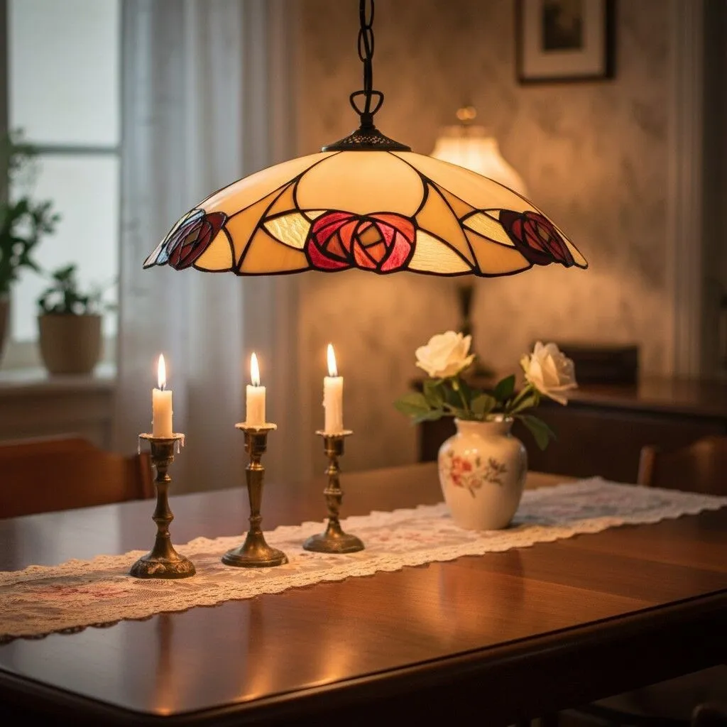 TF Ingram Tiffany Pendant Light - Vintage Handcrafted Stained Glass Floral Shade for Dining Room KL1986