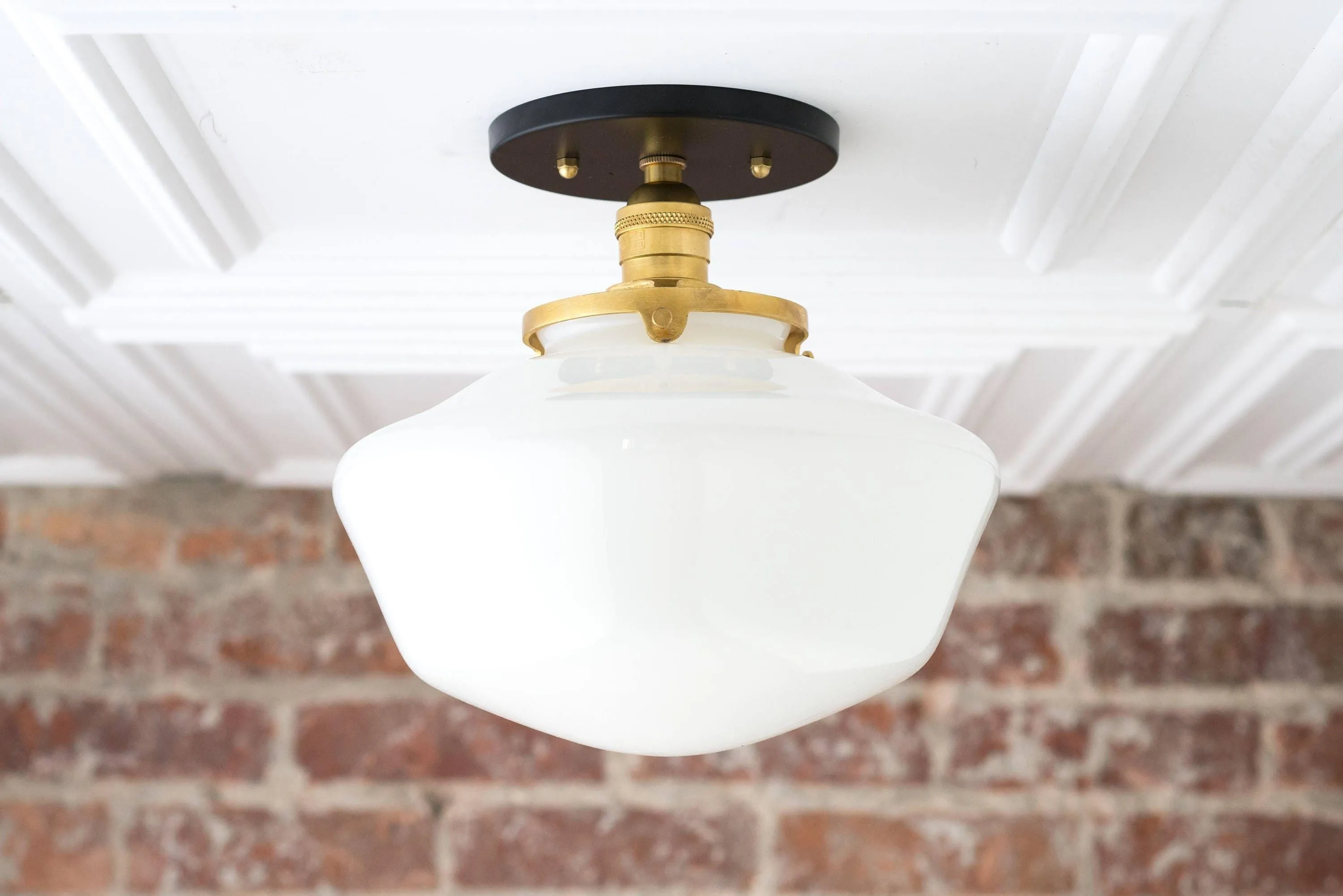 Geotower Glass Brass Ceiling Light - Opal Glass Schoolhouse Shade - Modern Elegance KL1508