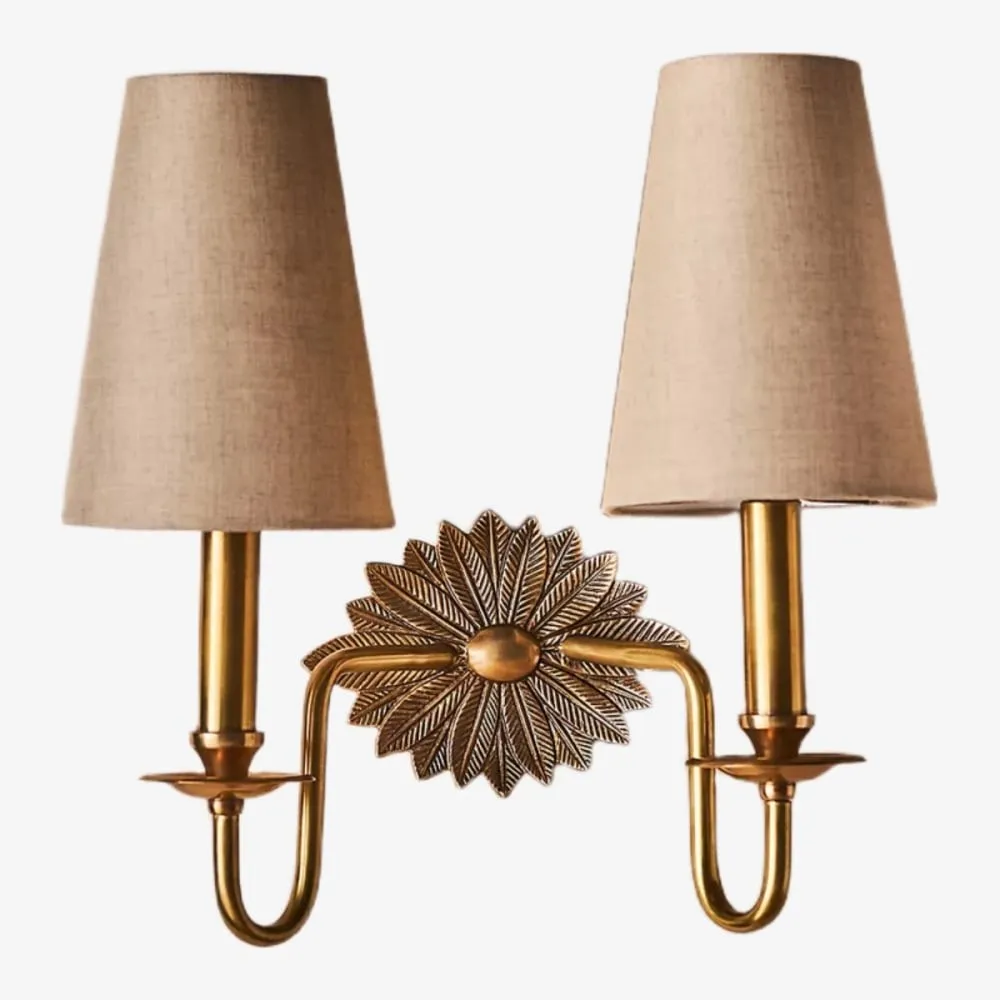 Duova Double Sconce - Antique Brass Metal and Linen Shades for Bedroom or Study KL1647