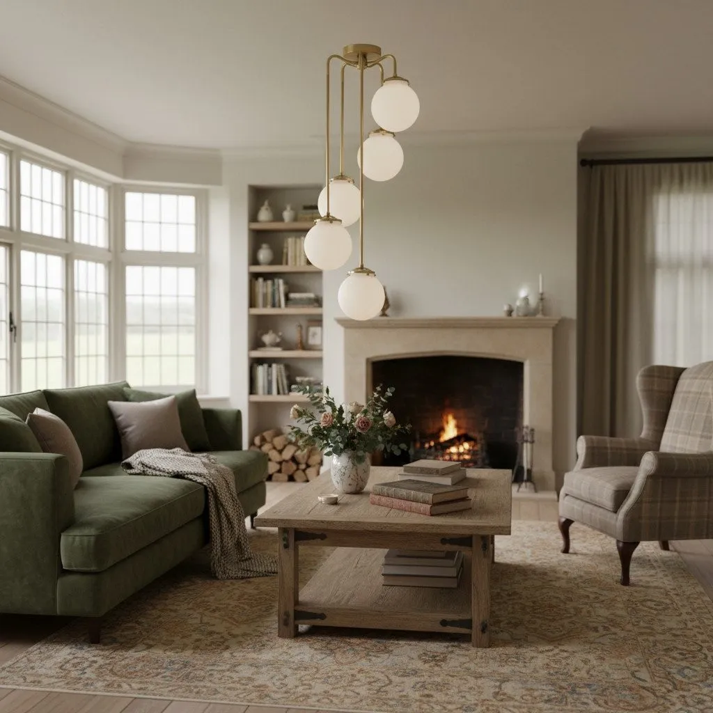 Glorica Glass 5 Globe Chandelier - Brass and Opal Glass Vintage Pendant Light KL1428