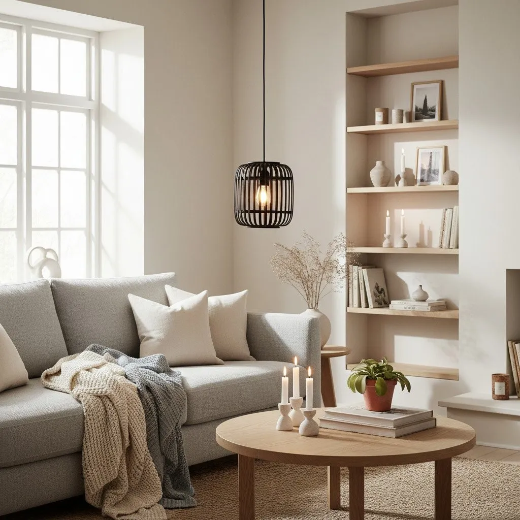 Yumeko Adjustable Bamboo Pendant Lamp - Natural Cage Pendant Light Perfect for Living & Dining Rooms KL1954