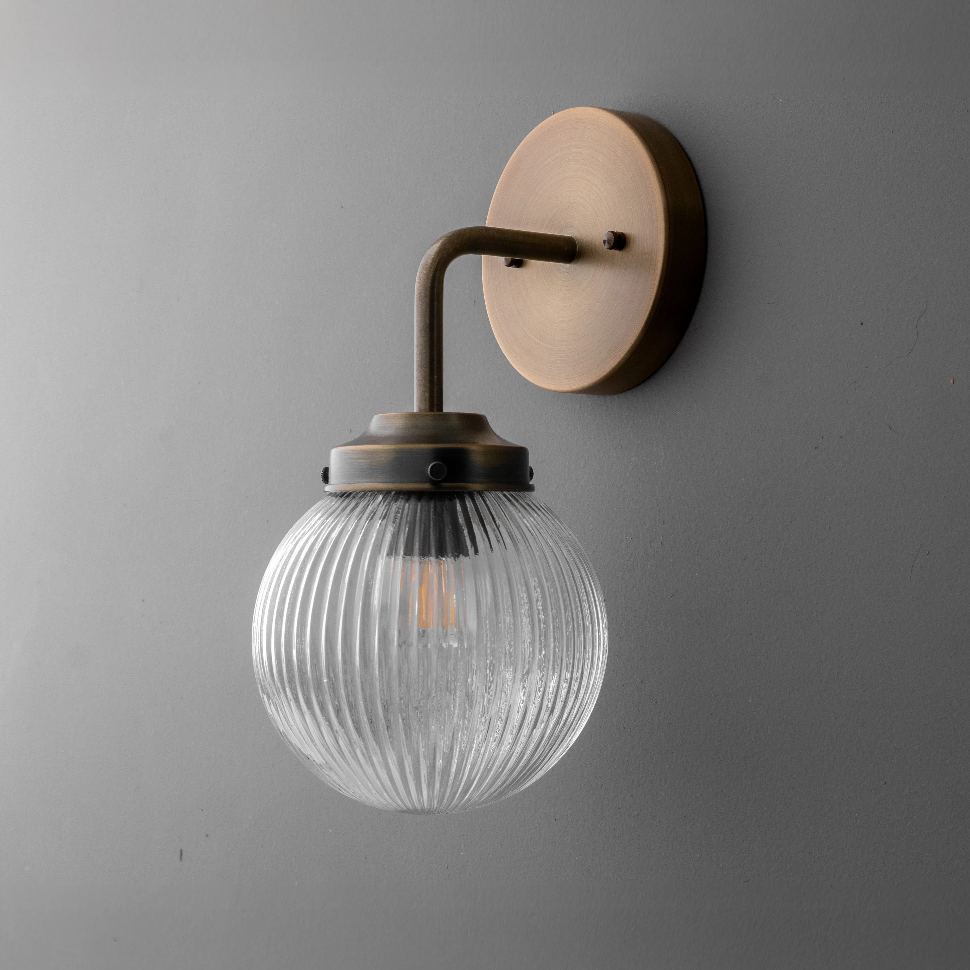 Glorica Glass Aged Brass Wall Sconce - Ribbed Glass Shade Industrial Style Lighting KL1518