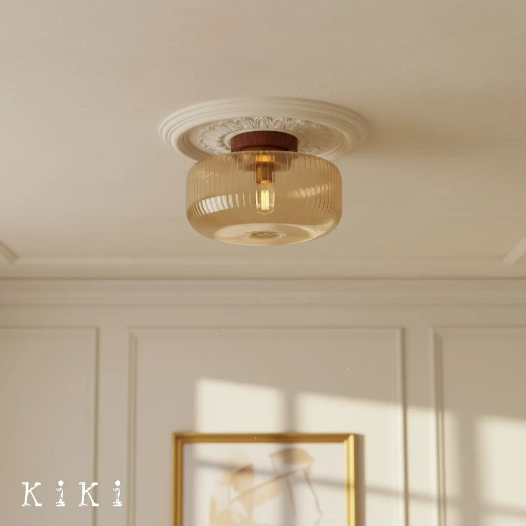 Amberflow Ribbed Glass Ceiling Light - Rustic Modern Lamp for Living Room or Entryway KL2231