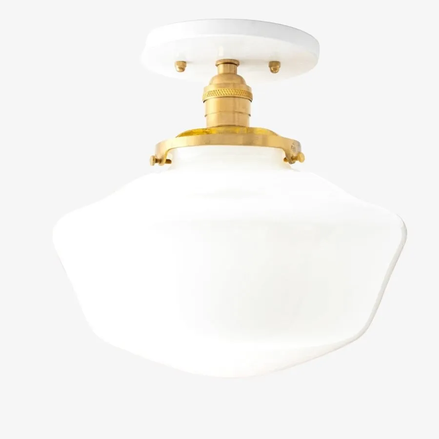 Geotower Glass Brass Ceiling Light - Opal Glass Schoolhouse Shade - Modern Elegance KL1508
