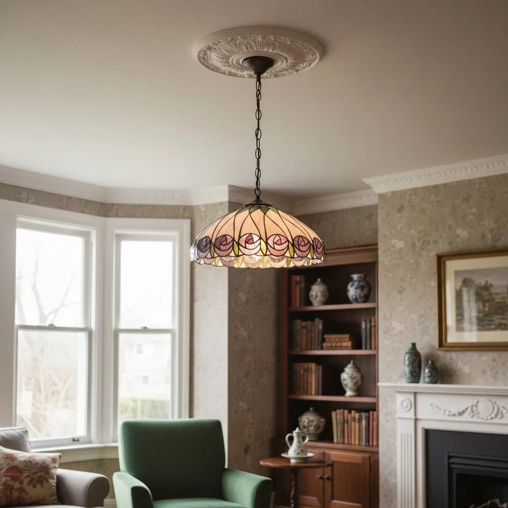 TF Hutchinson Tiffany Glass Pendant Light with Artistic Mosaic Design for Dining and Living Spaces KL1908