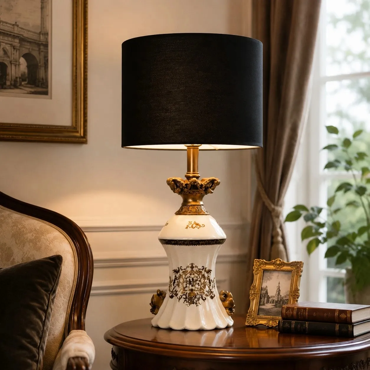 Gold motif table lamp styled beside an upholstered chair