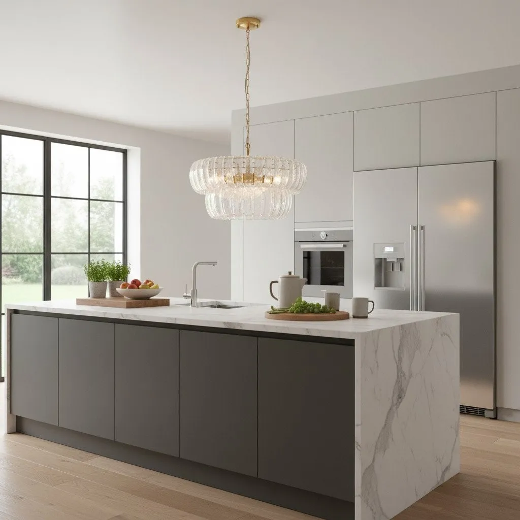 Solara 6-Light Tiered Pendant - Cascading Curved Glass and Metal-Frame for Dining & Entry KL1859
