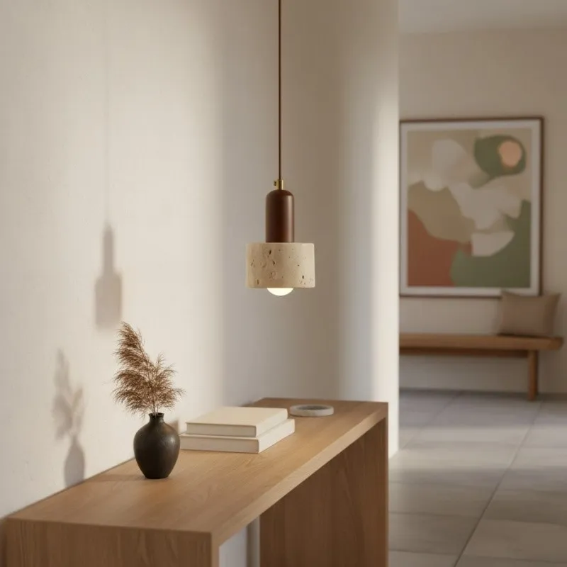 WabiLum Minimalist Japanese Travertine Wood Pendant Light - Elegant Home Lighting for Bedroom KL2241