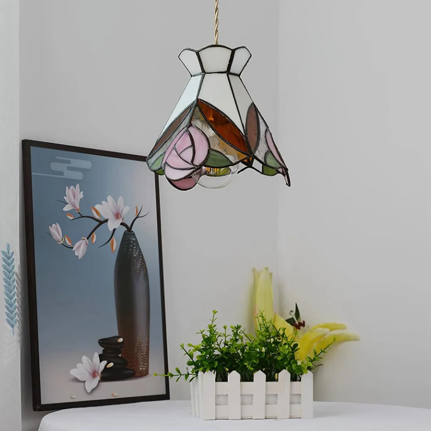 French Retro Rose Stained Glass Pendant Lamp KL690